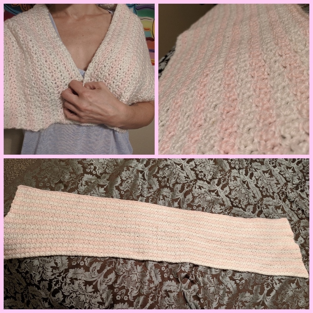 Pink & White Striped Crochet Scarf Shaw S